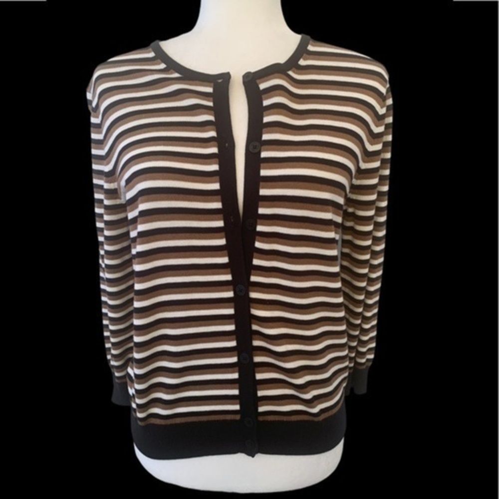 𝅺Trina Turk camel, black, cream button up cardigan